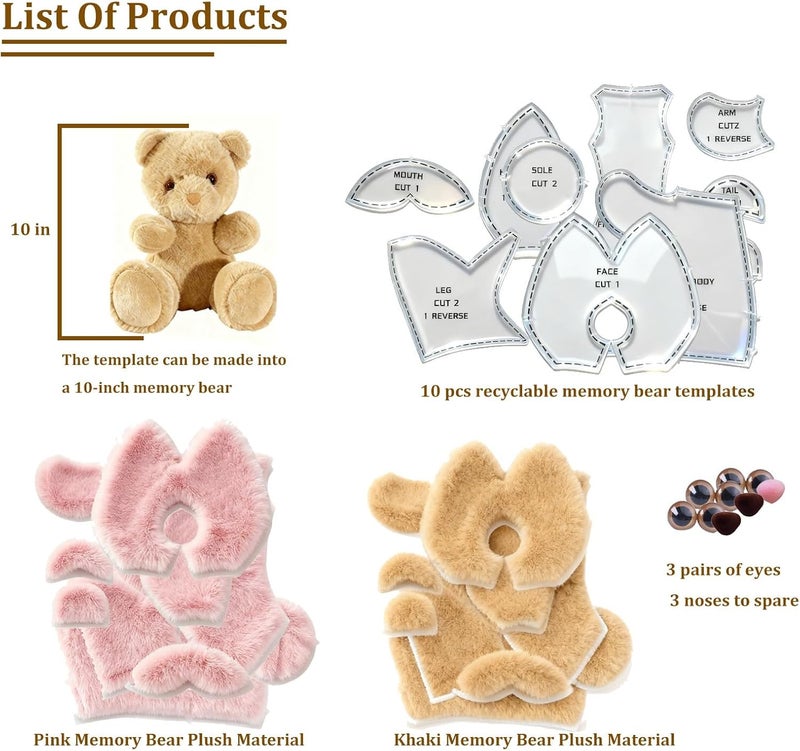 SUNYAO 10 Inch Memory Bear Quilting Templates & Sewing Patterns - Beginners Friendly | with PVC Stencil Rulers, Craft Eyes and Noses Step-by-Step Tutorials/Instructions for Easy DIY(10in+Two Plush) - Image 5